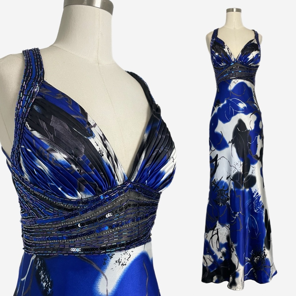 Cache Blue white watercolor floral satin beaded open back maxi gown wedding S/M